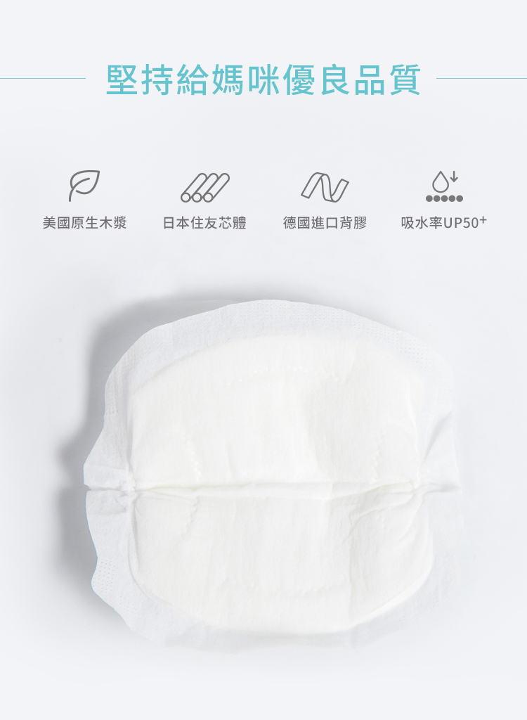 溢乳墊, 瞬吸拋棄式防溢乳墊, 哺乳, 母乳, 哺乳期間, 產後, 堅持, 優良品質, 美國原生木漿, 日本住友芯體, 德國進口背膠, 吸水